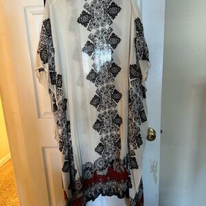 Black and White Patterned Kimono with Red Accents